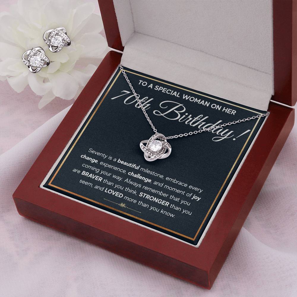 70TH BIRTHDAY MILESTONE LOVE KNOT NECKLACE AND EARRINGS SET