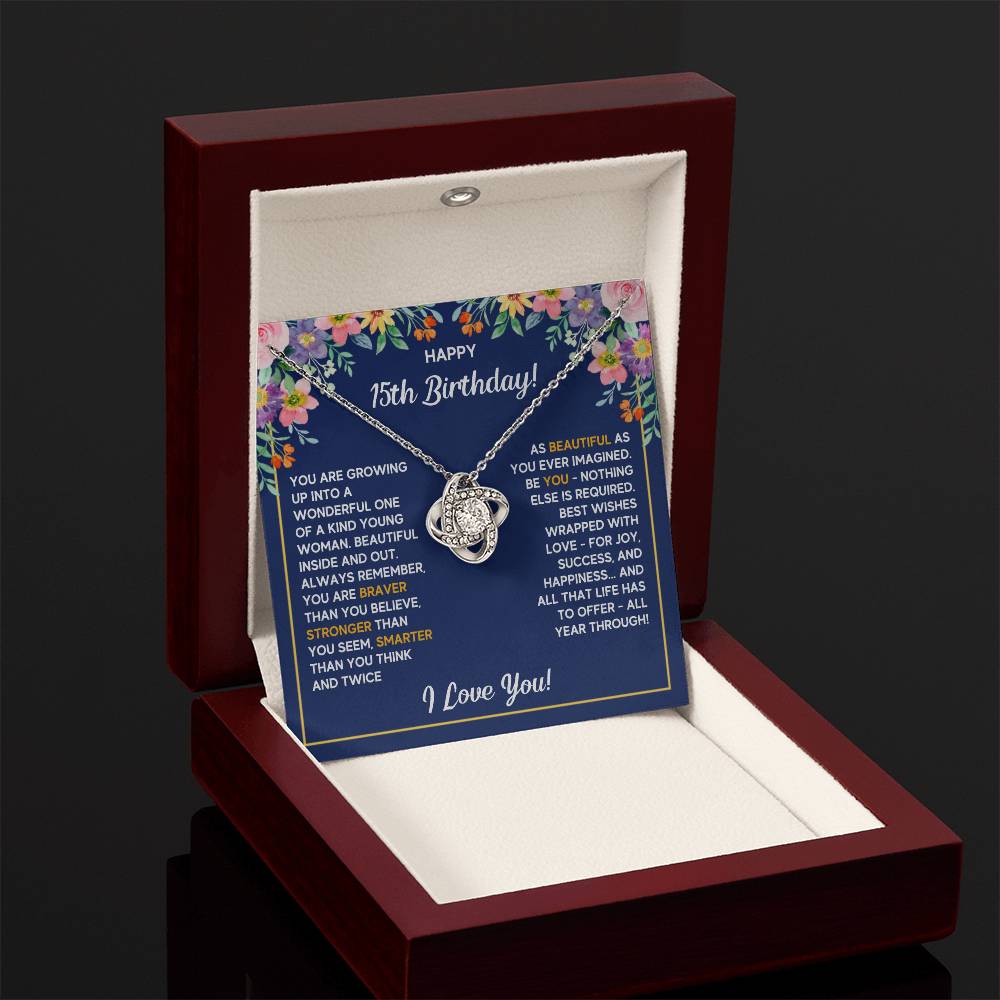 HAPPY 15TH BIRTHDAY WRAPPED LOVE KNOT NECKLACE