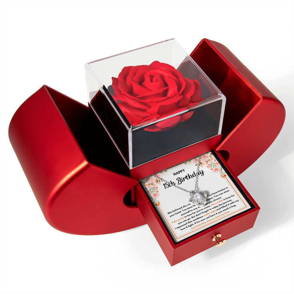 15TH BIRTHDAY SQUEEZED LOVE KNOT NECKLACE HEART BOX GIFT SET