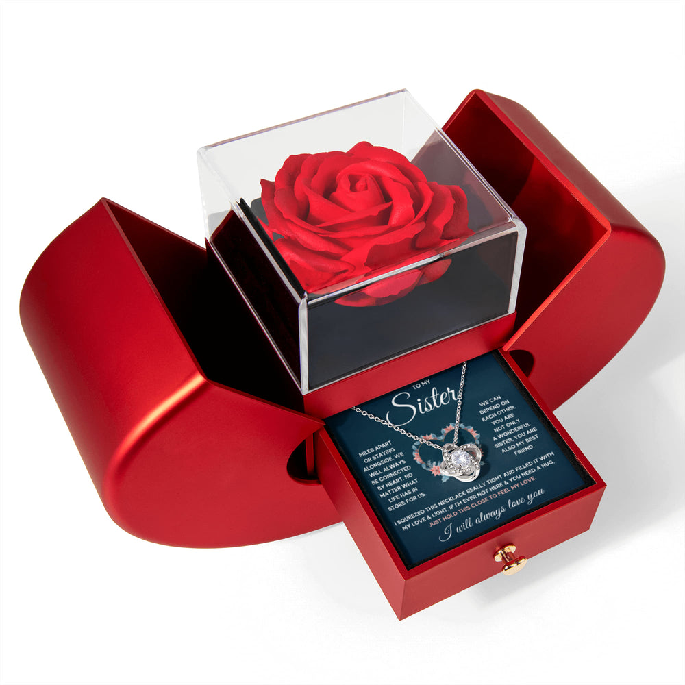 TO MY SISTER SQUEEZED LOVE KNOT NECKLACE HEART BOX GIFT SET