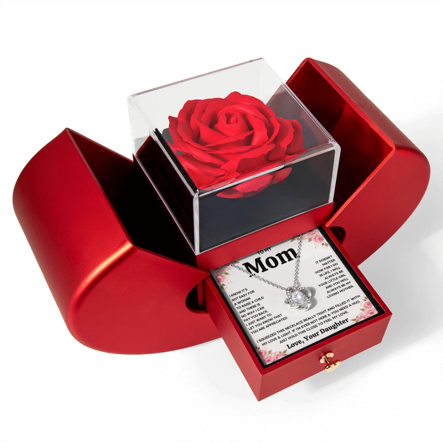 TO MY MOM FROM DAUGHTER SQUEEZED KNOT HEART ROSE BOX
