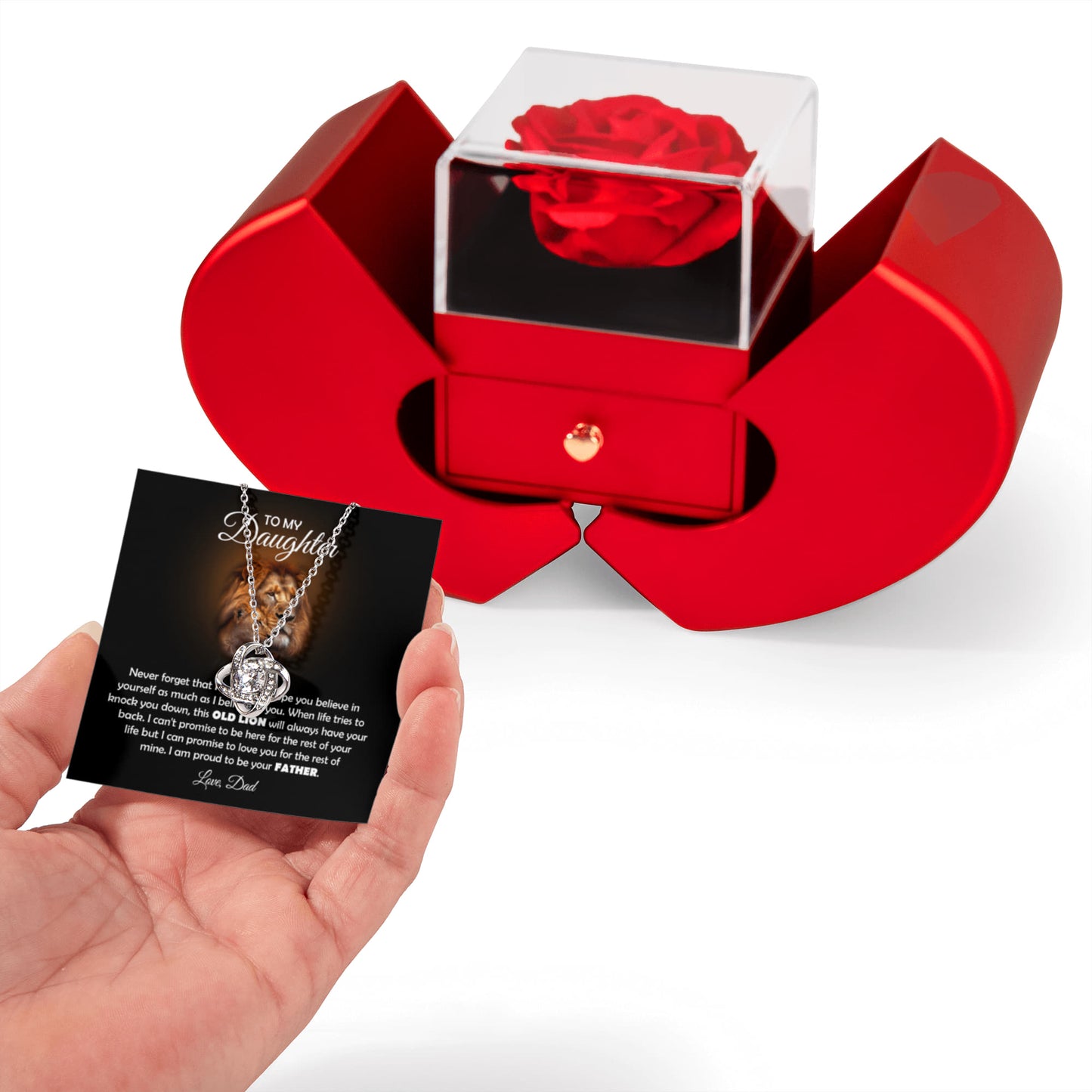TO MY DAUGHTER OLD LION KNOT HEART ROSE BOX