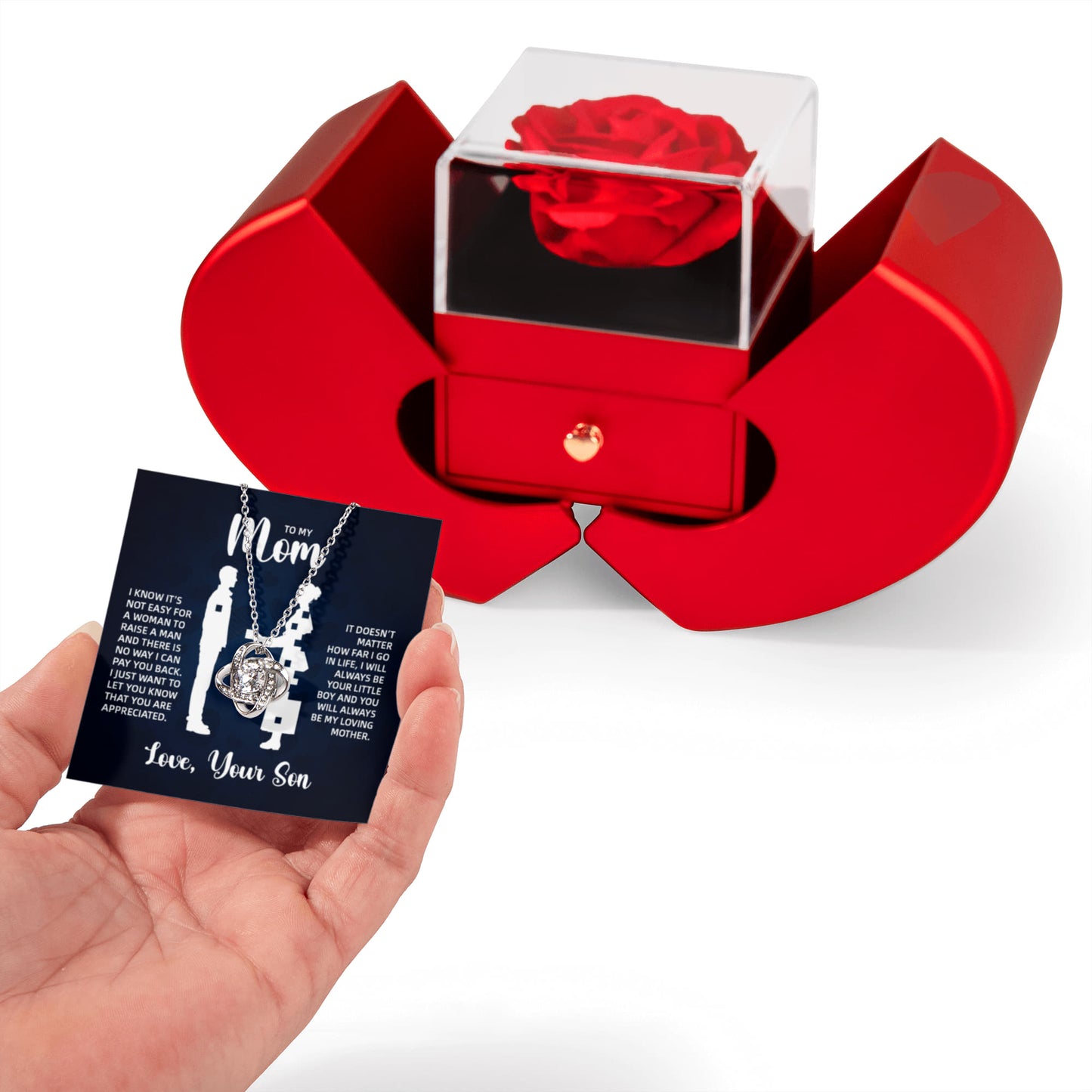 TO MY MOM LITTLE BOY BLUE KNOT HEART ROSE BOX