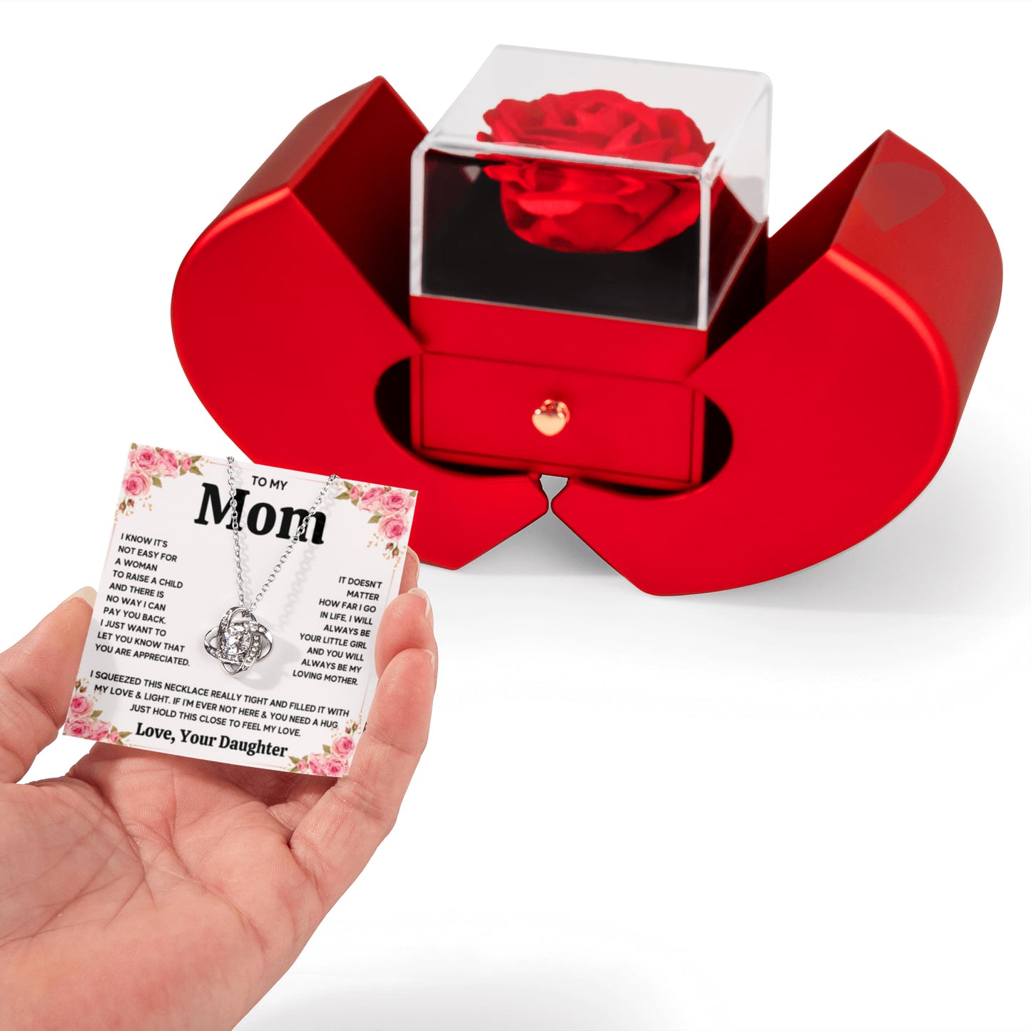 TO MY MOM FROM DAUGHTER SQUEEZED KNOT HEART ROSE BOX