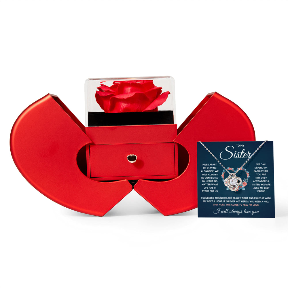 TO MY SISTER SQUEEZED LOVE KNOT NECKLACE HEART BOX GIFT SET