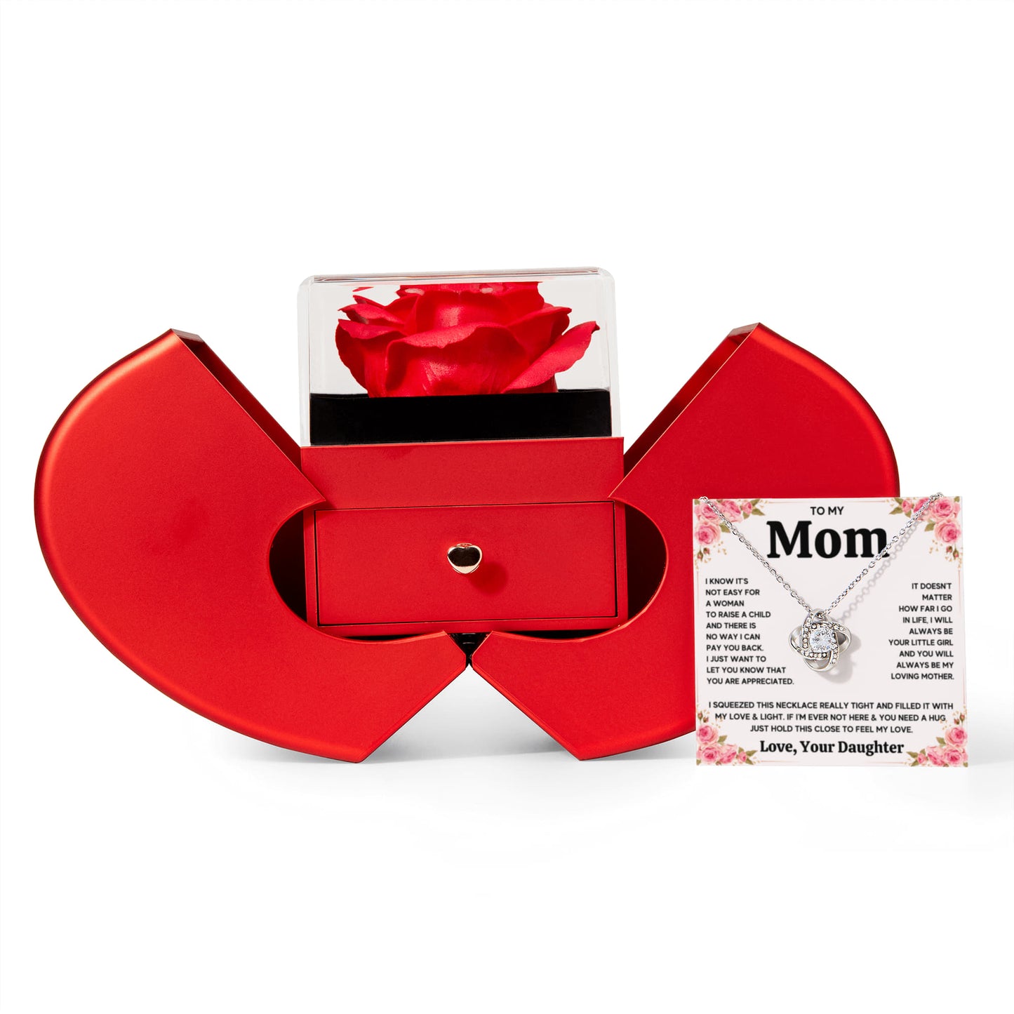 TO MY MOM FROM DAUGHTER SQUEEZED KNOT HEART ROSE BOX