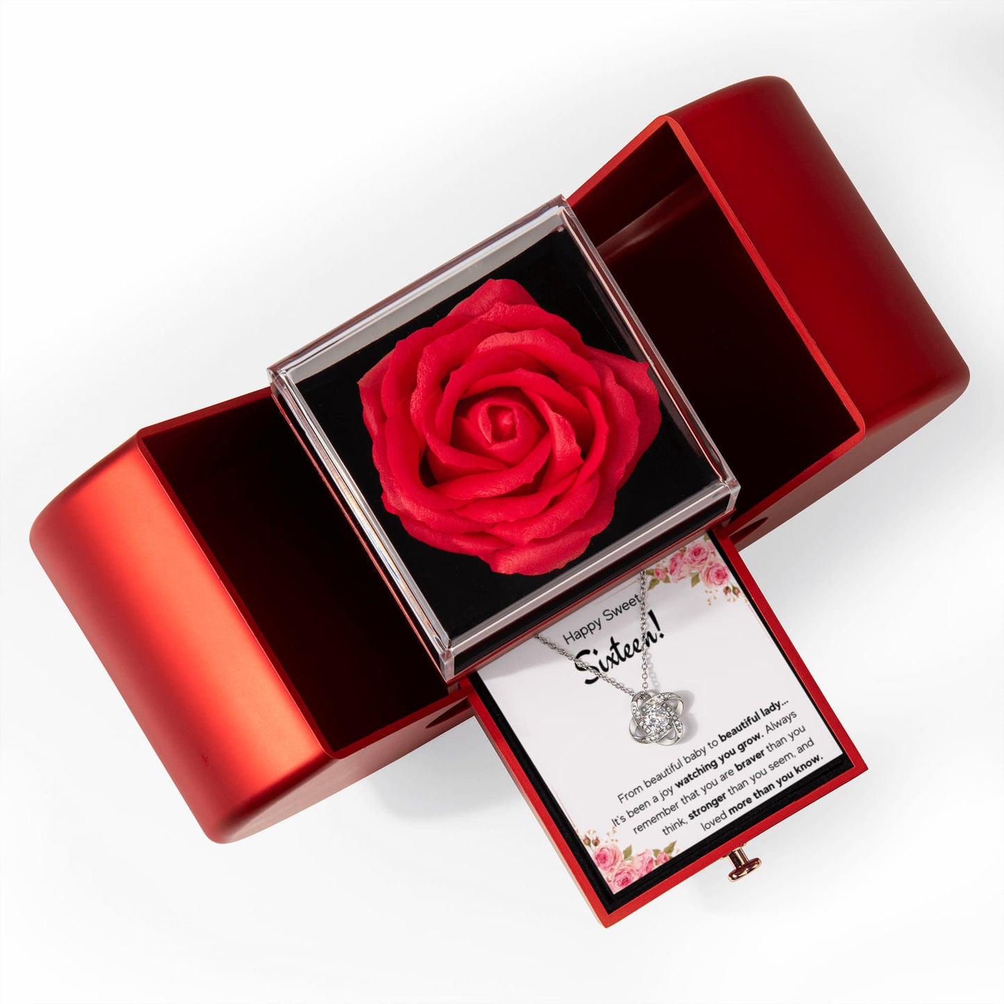 HAPPY SWEET SIXTEEN JOY LOVE KNOT NECKLACE HEART BOX GIFT SET