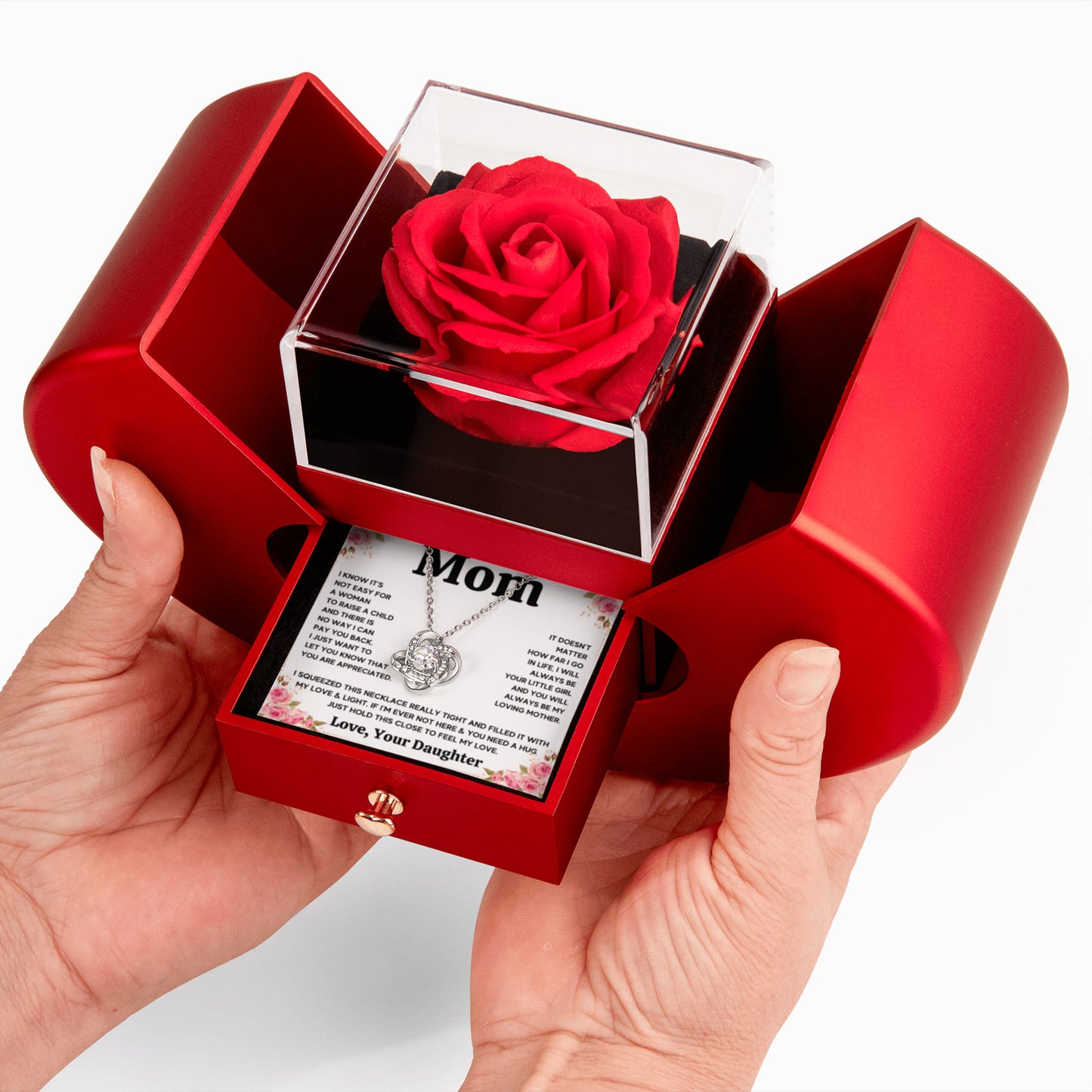 TO MY MOM FROM DAUGHTER SQUEEZED KNOT HEART ROSE BOX
