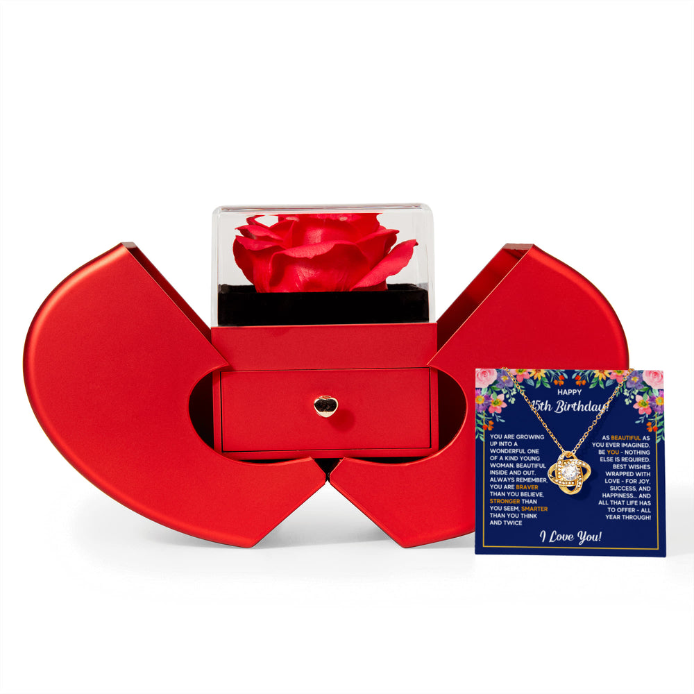 HAPPY 15TH BIRTHDAY WRAPPED LOVE KNOT NECKLACE HEART BOX GIFT SET