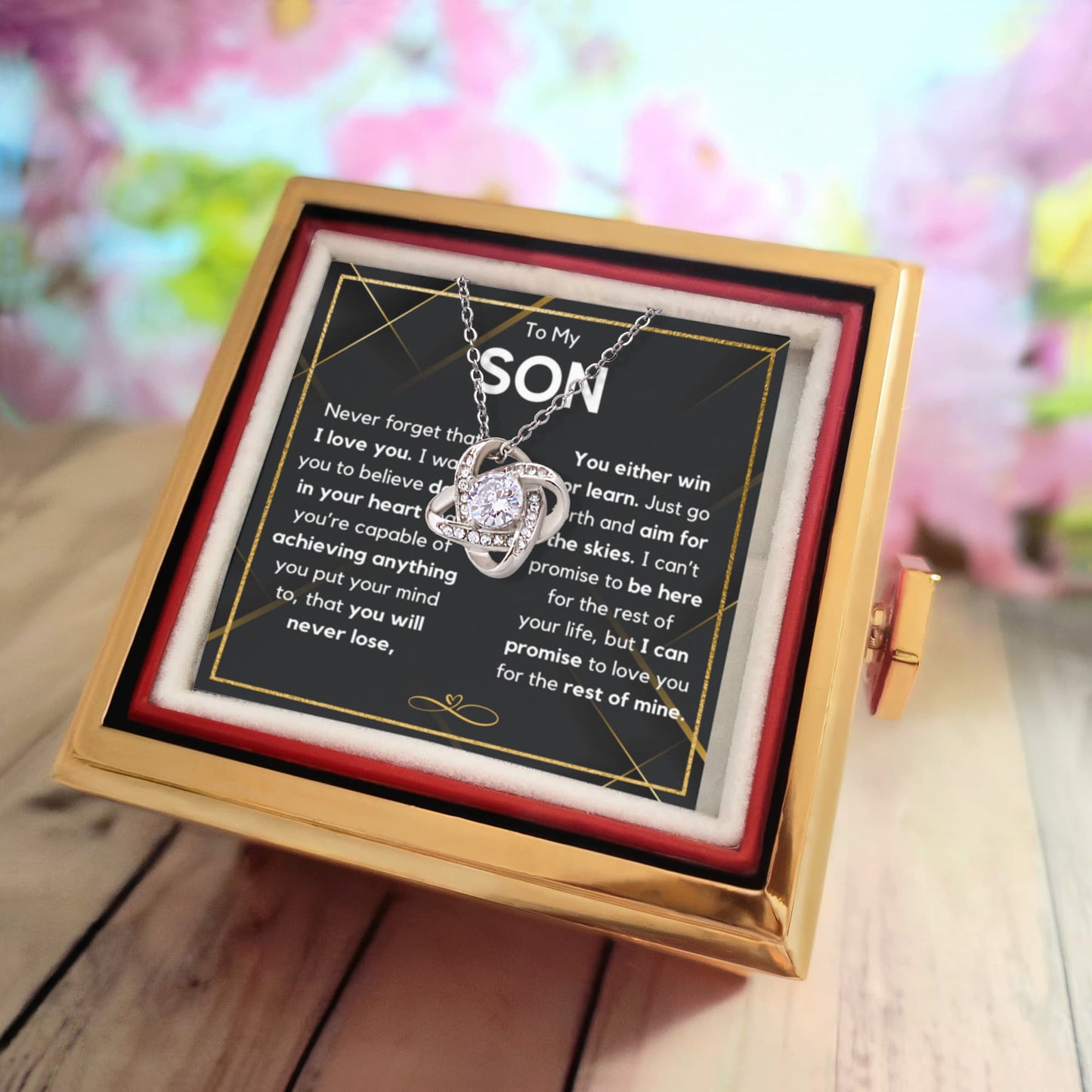 To My Son Skies Love Knot Necklace with Rose