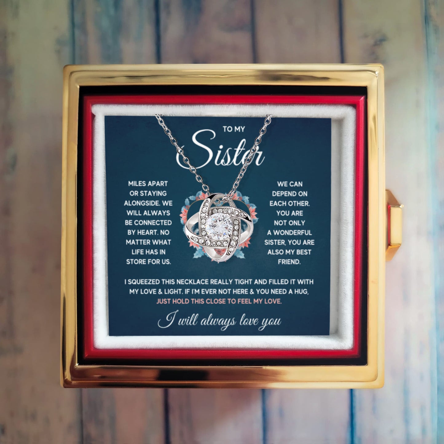 TO MY SISTER SQUEEZED LOVE KNOT NECKLACE ROSE BOX GIFT SET