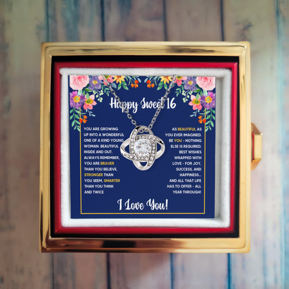 SWEET 16 WRAPPED LOVE KNOT NECKLACE ROSE BOX GIFT SET