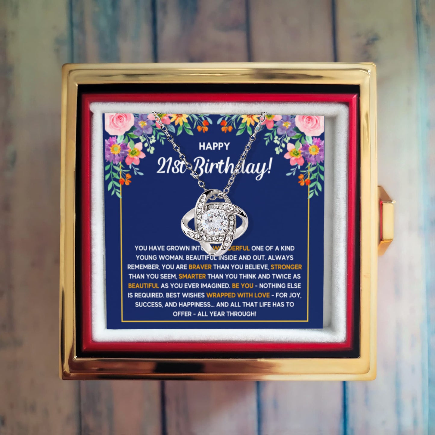 21ST BIRTHDAY WRAPPED LOVE KNOT NECKLACE ROSE BOX GIFT SET