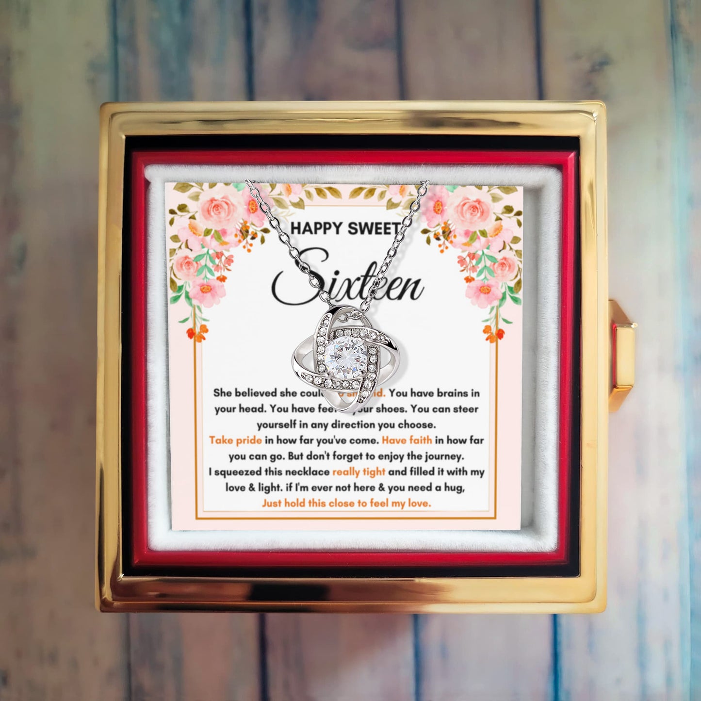 16TH BIRTHDAY DIRECTION SQUEEZED LOVE KNOT NECKLACE ROSE BOX GIFT SET