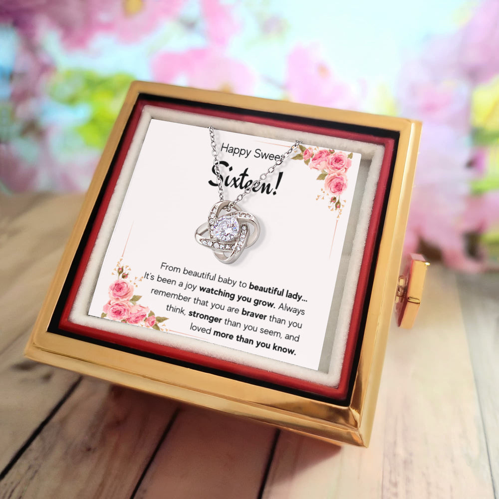 HAPPY SWEET SIXTEEN JOY LOVE KNOT NECKLACE ROSE BOX GIFT SET