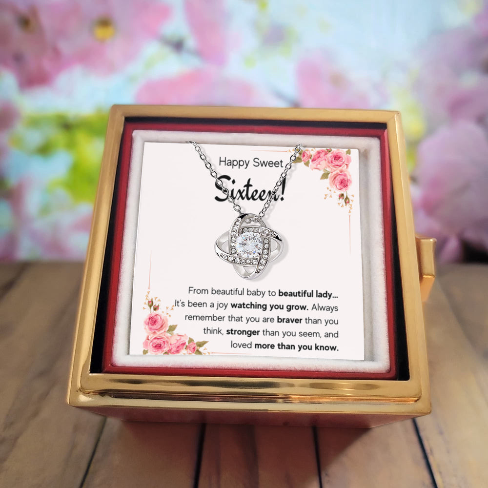 HAPPY SWEET SIXTEEN JOY LOVE KNOT NECKLACE ROSE BOX GIFT SET