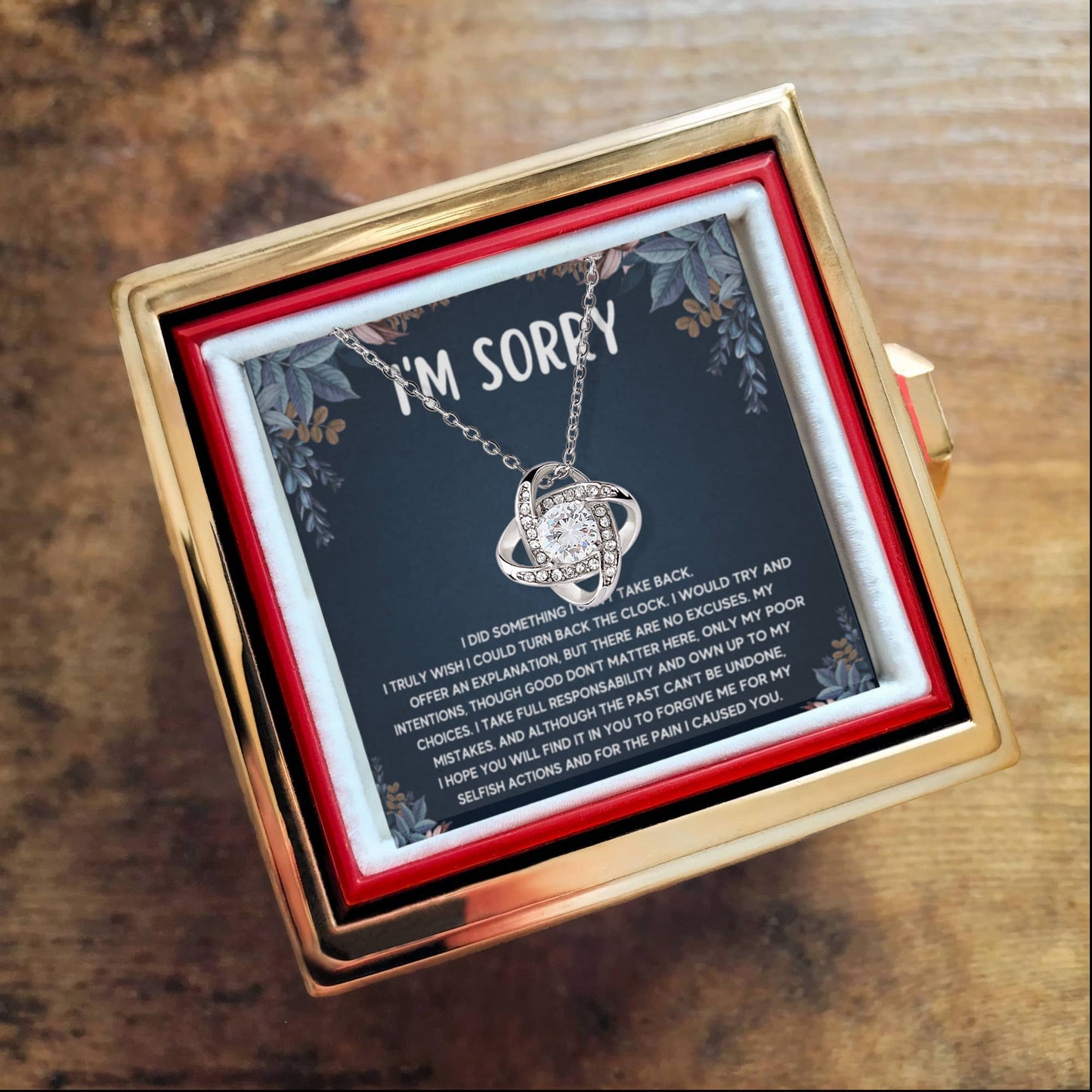 I'M SORRY POOR CHOICES LOVE KNOT NECKLACE ROSE BOX GIFT SET
