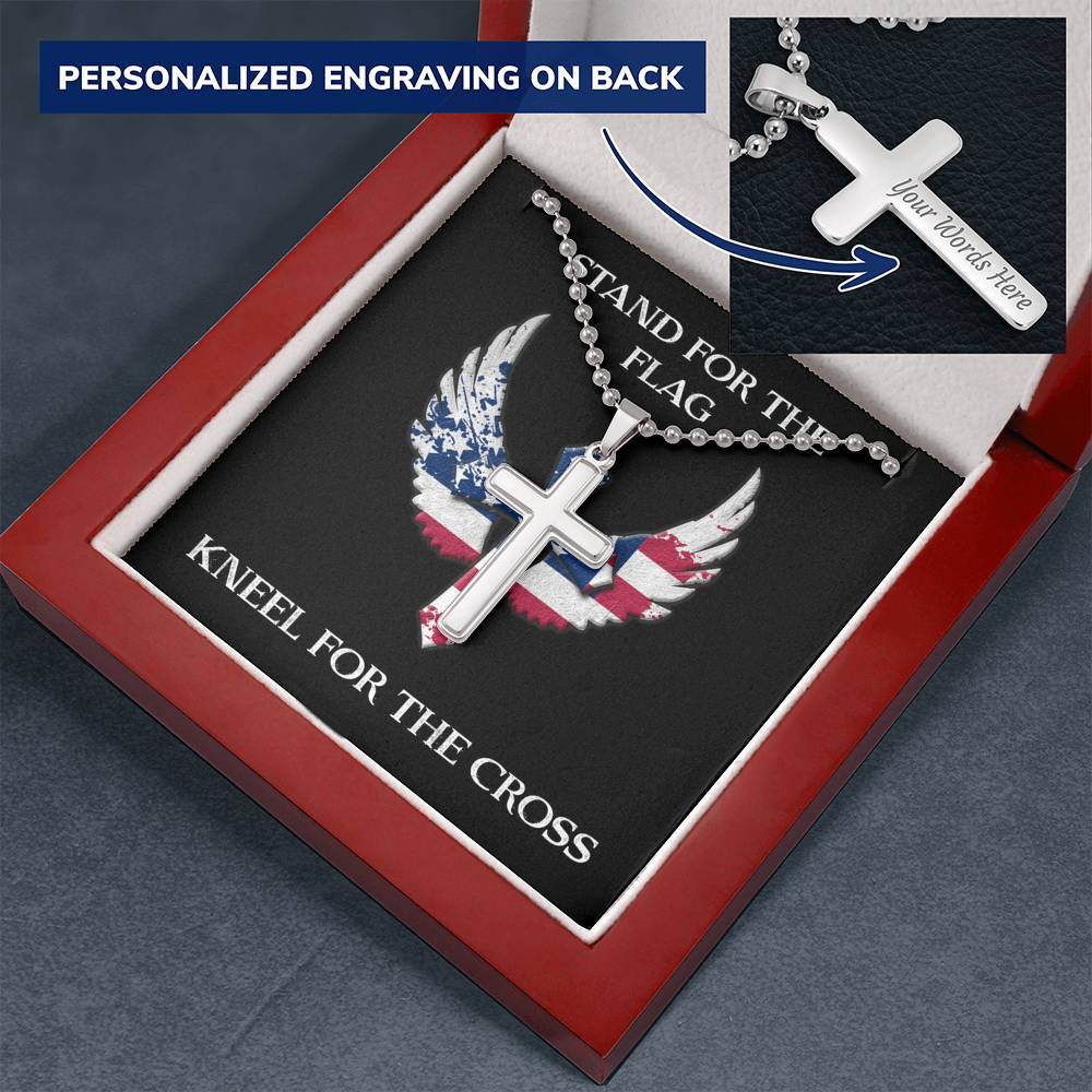 Stand for the Flag Kneel for the Cross, Engraved Cross Necklace