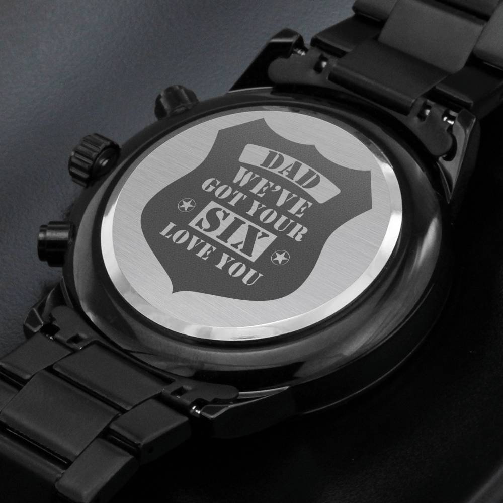 Men's Engraved Watch, We've Got Your Six, Charcoal Black, Gift Watch
