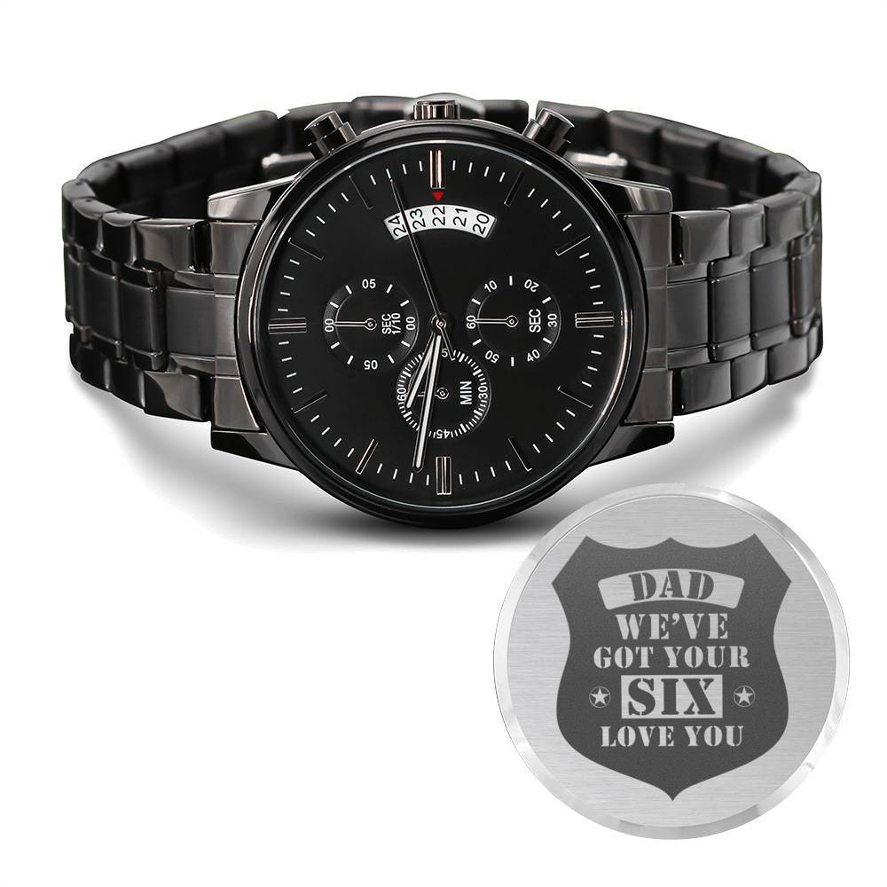 Men's Engraved Watch, We've Got Your Six, Charcoal Black, Gift Watch