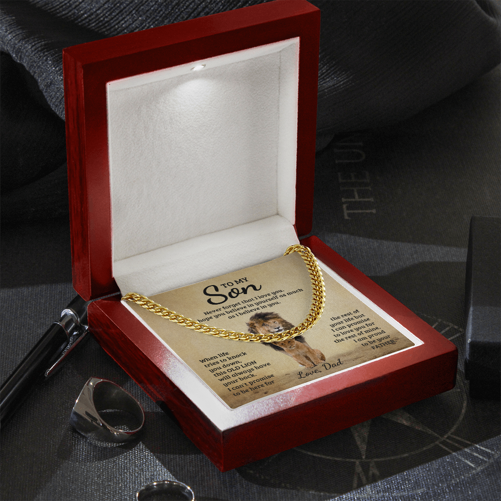 TO MY SON THIS OLD LION CUBAN LINK CHAIN NECKLACE GIFT SET