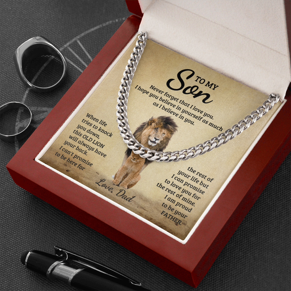 TO MY SON THIS OLD LION CUBAN LINK CHAIN NECKLACE GIFT SET