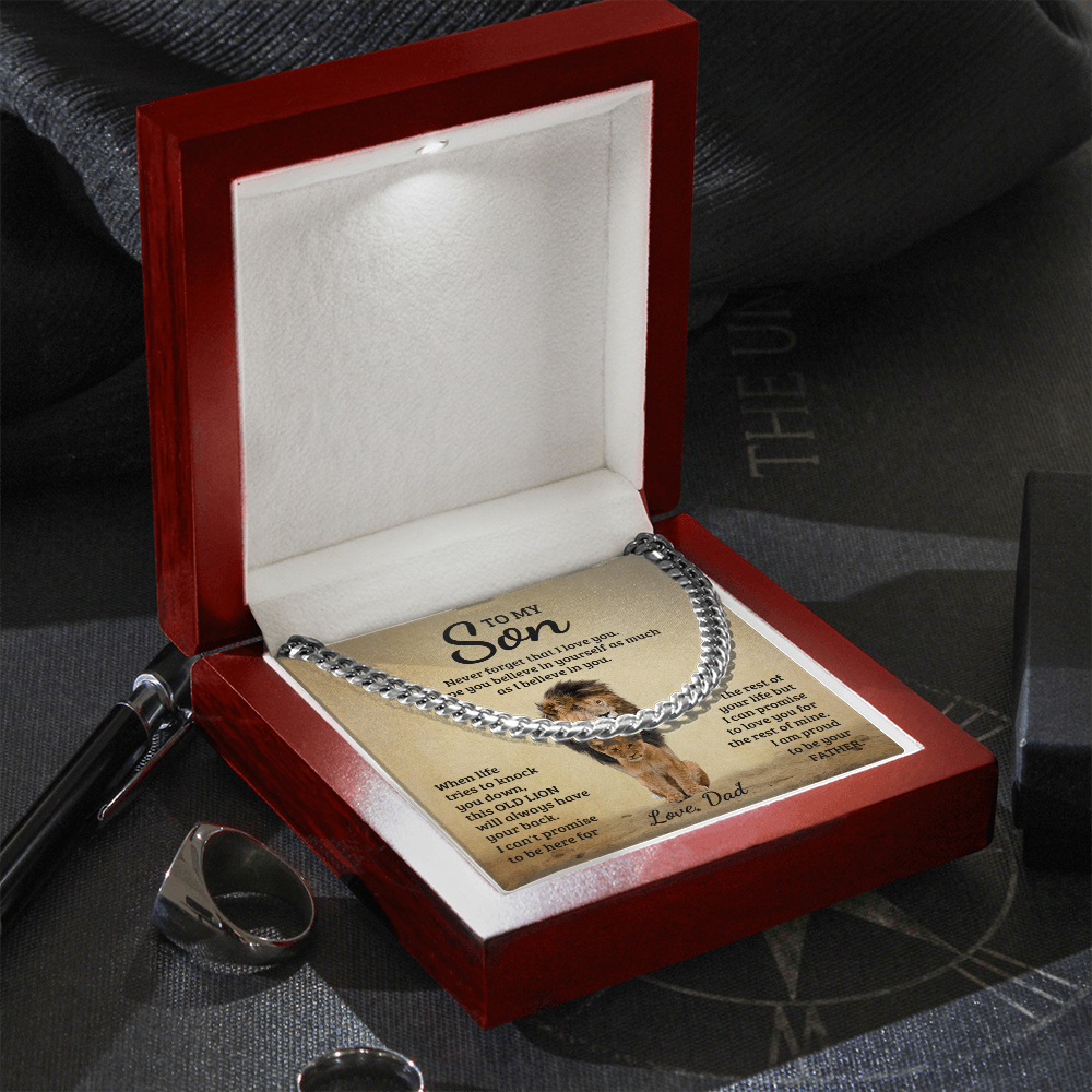 TO MY SON THIS OLD LION CUBAN LINK CHAIN NECKLACE GIFT SET