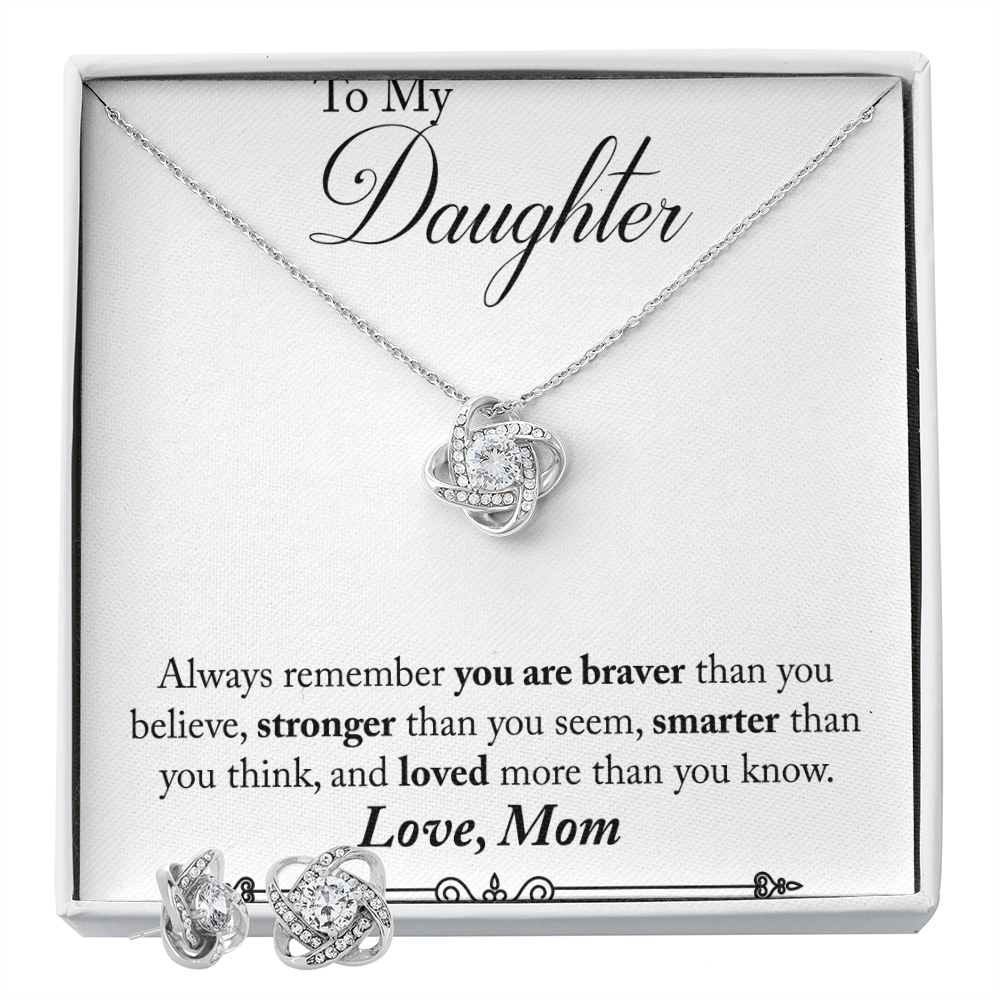 TO MY DAUGHTER BRAVER LOVE KNOT NECKLACE AND EARRINGS SET