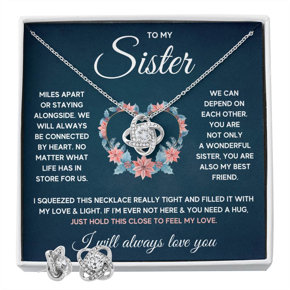 TO MY SISTER SQUEEZED LOVE KNOT NECKLACE AND EARRINGS SET