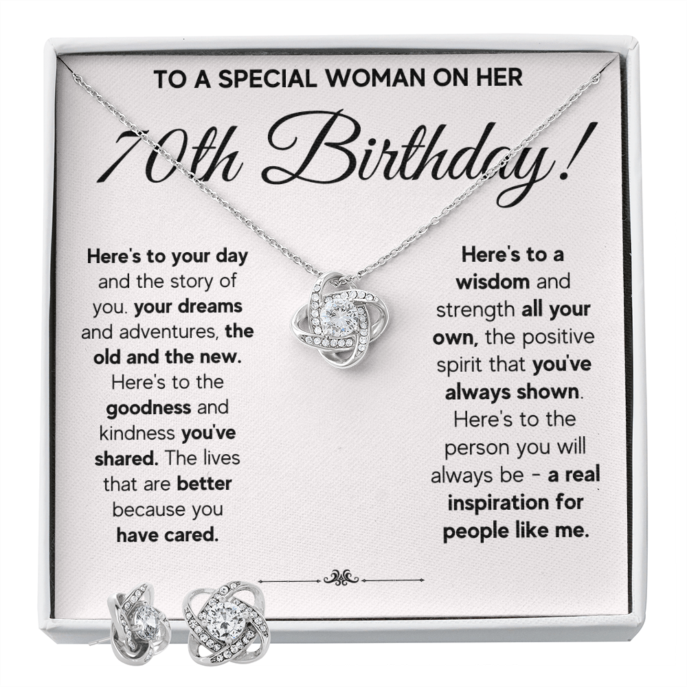 70TH BIRTHDAY WISDOM LOVE KNOT NECKLACE AND EARRINGS SET