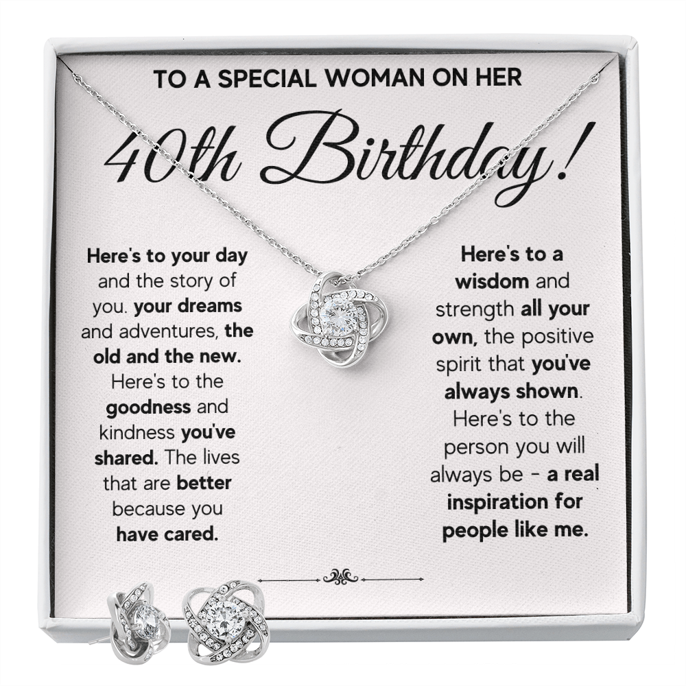 40TH BIRTHDAY WISDOM LOVE KNOT NECKLACE AND EARRINGS SET