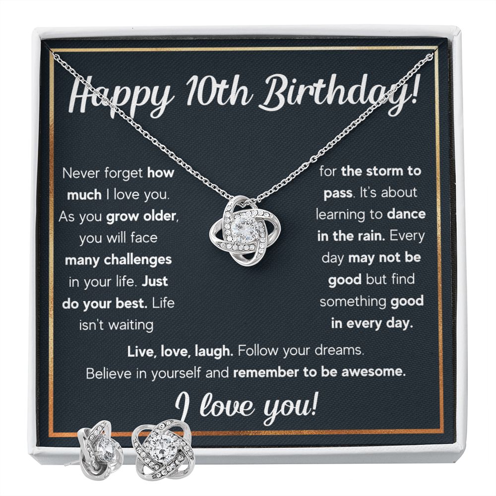 10TH BIRTHDAY RAIN LOVE KNOT NECKLACE AND EARRINGS SET