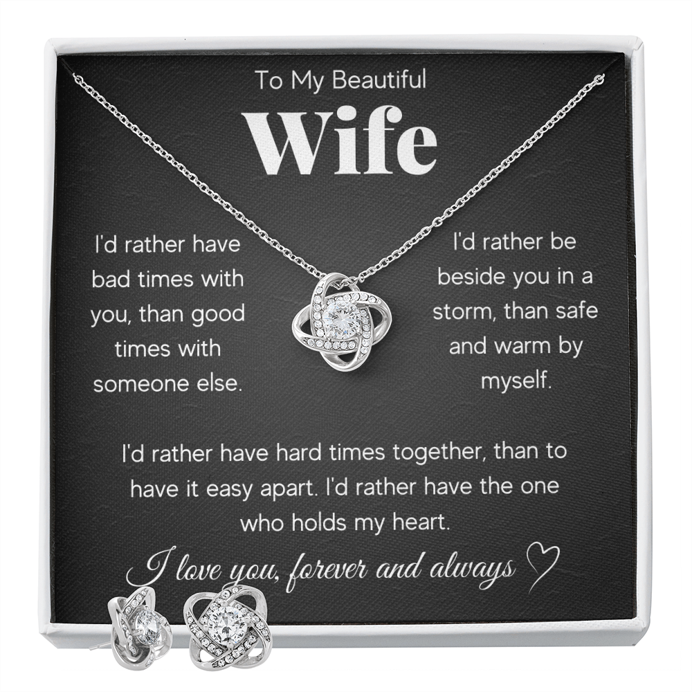 TO MY BEAUTIFUL WIFE RATHER LOVE KNOT NECKLACE AND EARRINGS SET