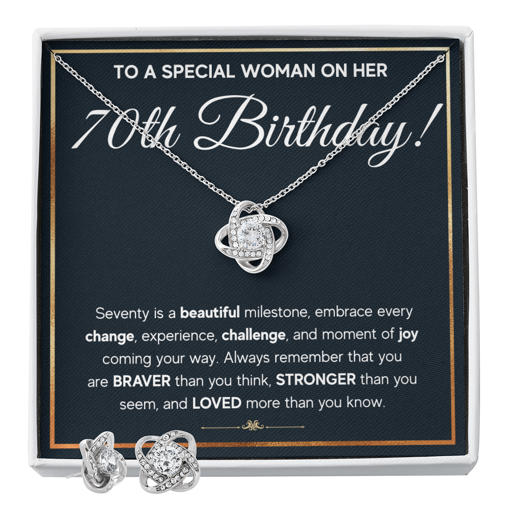 70TH BIRTHDAY MILESTONE LOVE KNOT NECKLACE AND EARRINGS SET