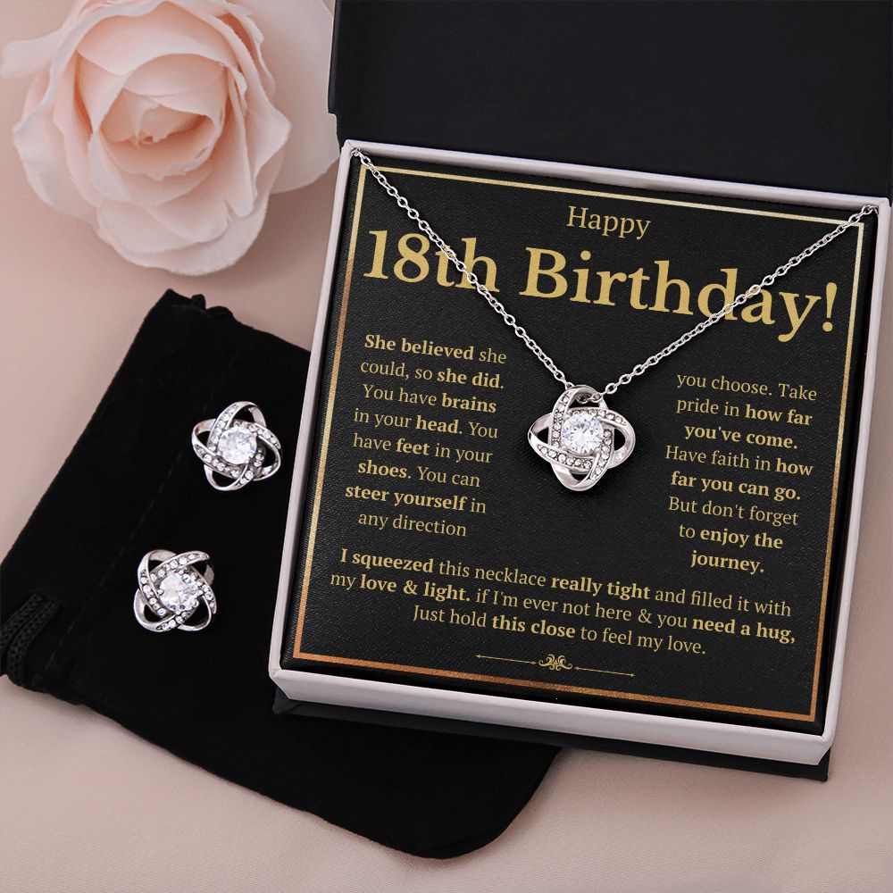 18TH BIRTHDAY SQUEEZED LOVE KNOT NECKLACE AND EARRINGS SET