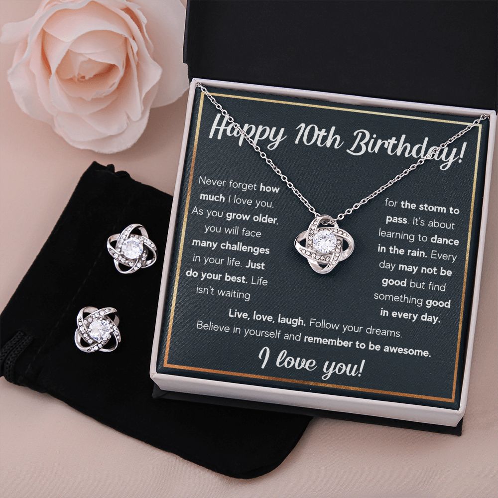 10TH BIRTHDAY RAIN LOVE KNOT NECKLACE AND EARRINGS SET