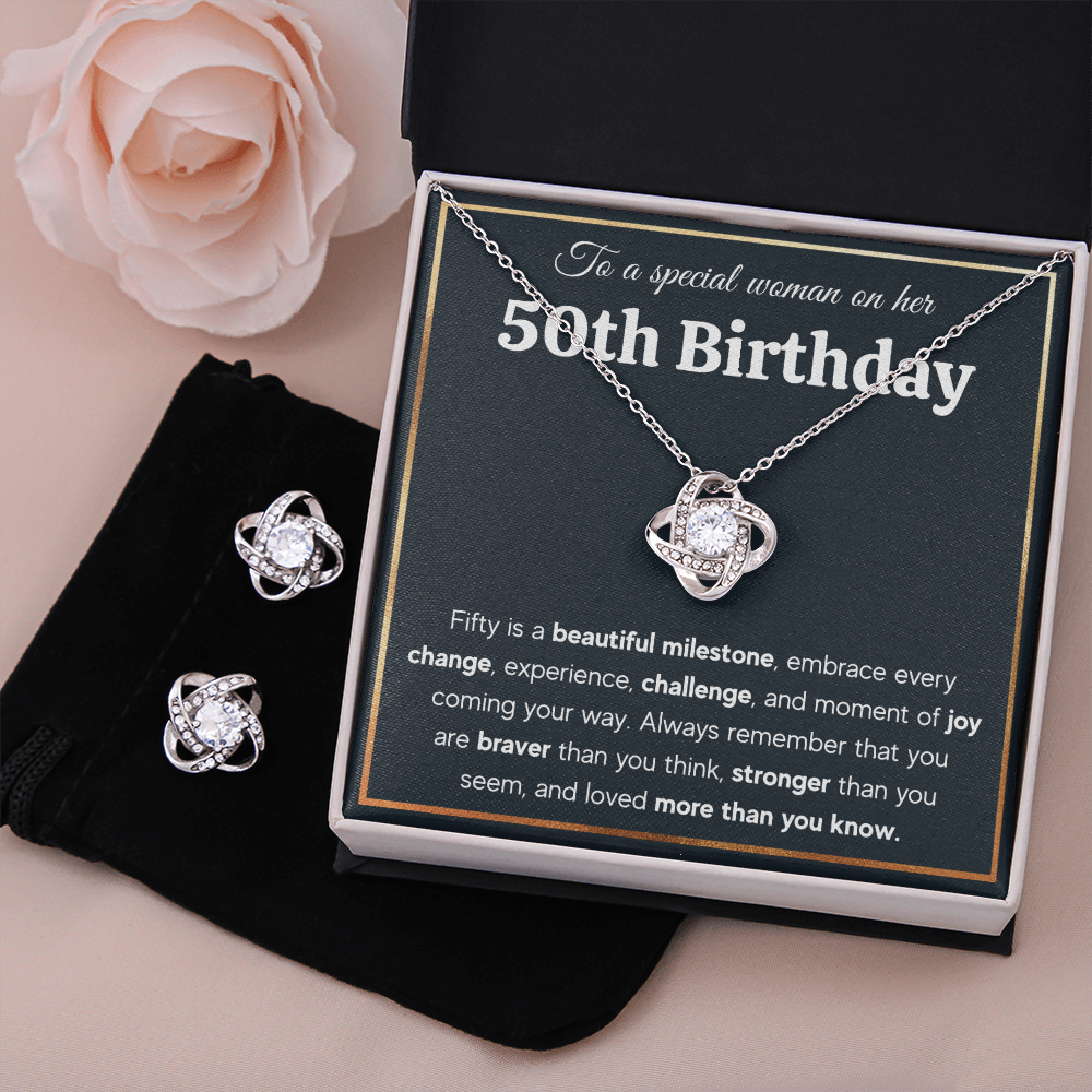 50TH BIRTHDAY MILESTONE LOVE KNOT NECKLACE AND EARRINGS SET