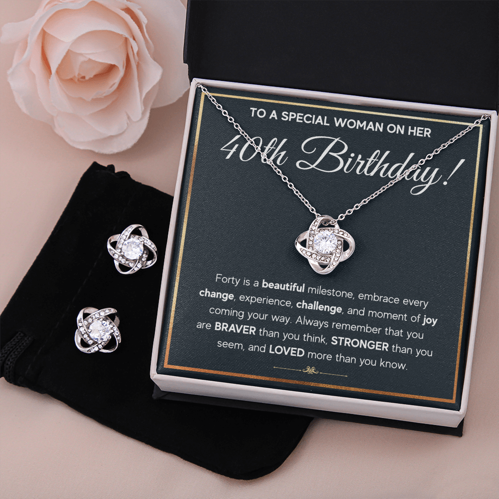 40TH BIRTHDAY MILESTONE LOVE KNOT NECKLACE AND EARRINGS SET