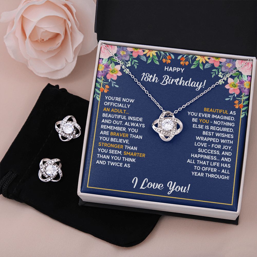 18TH BIRTHDAY WRAPPED LOVE KNOT NECKLACE AND EARRINGS SET