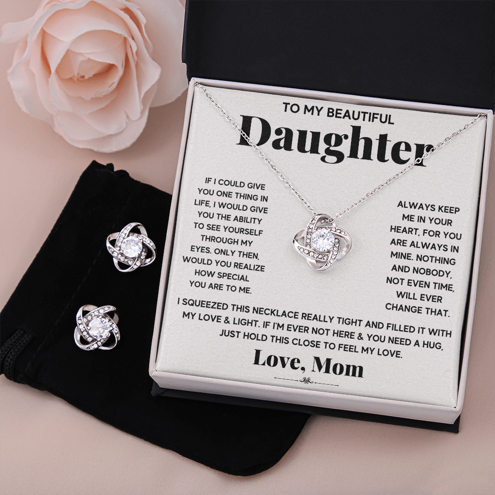 TO MY BEAUTIFUL DAUGHTER SQUEEZED LOVE KNOT NECKLACE AND EARRINGS
