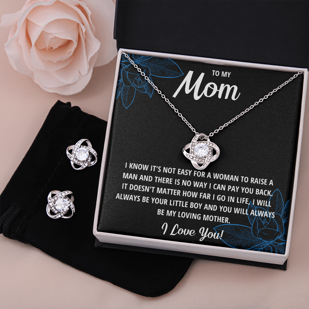 TO MY MOM LITTLE BOY BLACK LOVE KNOT NECKLACE AND EARRINGS SET