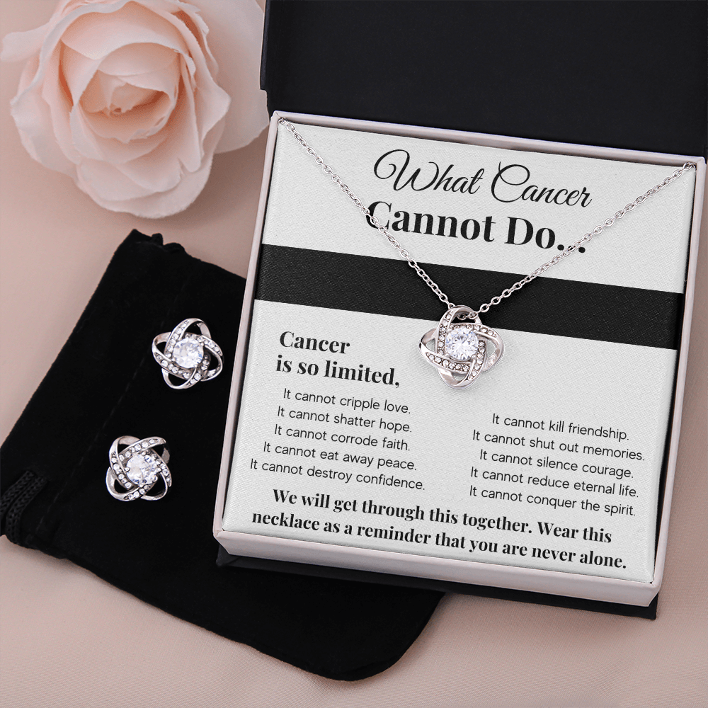 WHAT CANCER CANNOT DO LOVE KNOT NECKLACE AND EARRINGS SET