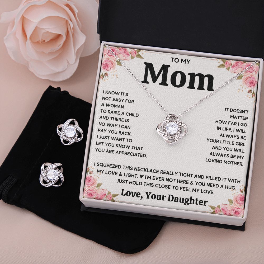 TO MY MOM FROM DAUGHTER SQUEEZED LOVE KNOT EARRING NECKLACE GIFT SET