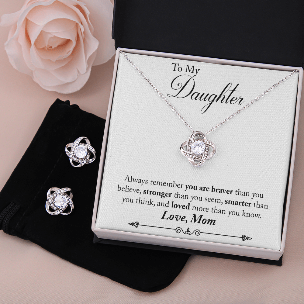 TO MY DAUGHTER BRAVER LOVE KNOT NECKLACE AND EARRINGS SET
