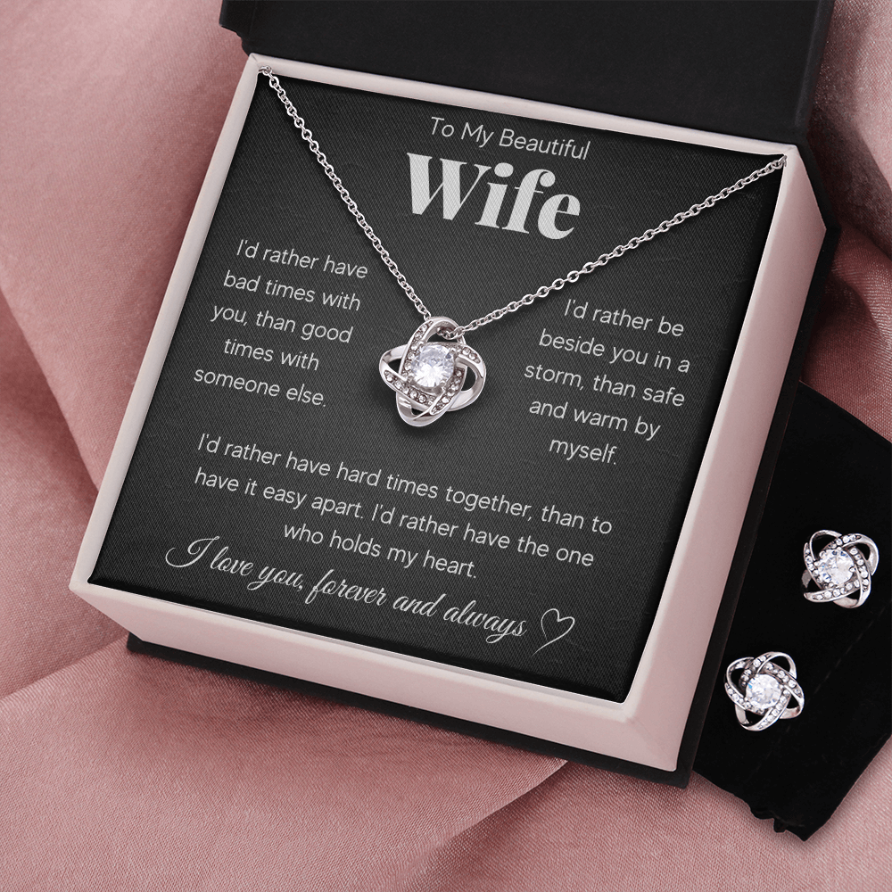 TO MY BEAUTIFUL WIFE RATHER LOVE KNOT NECKLACE AND EARRINGS SET