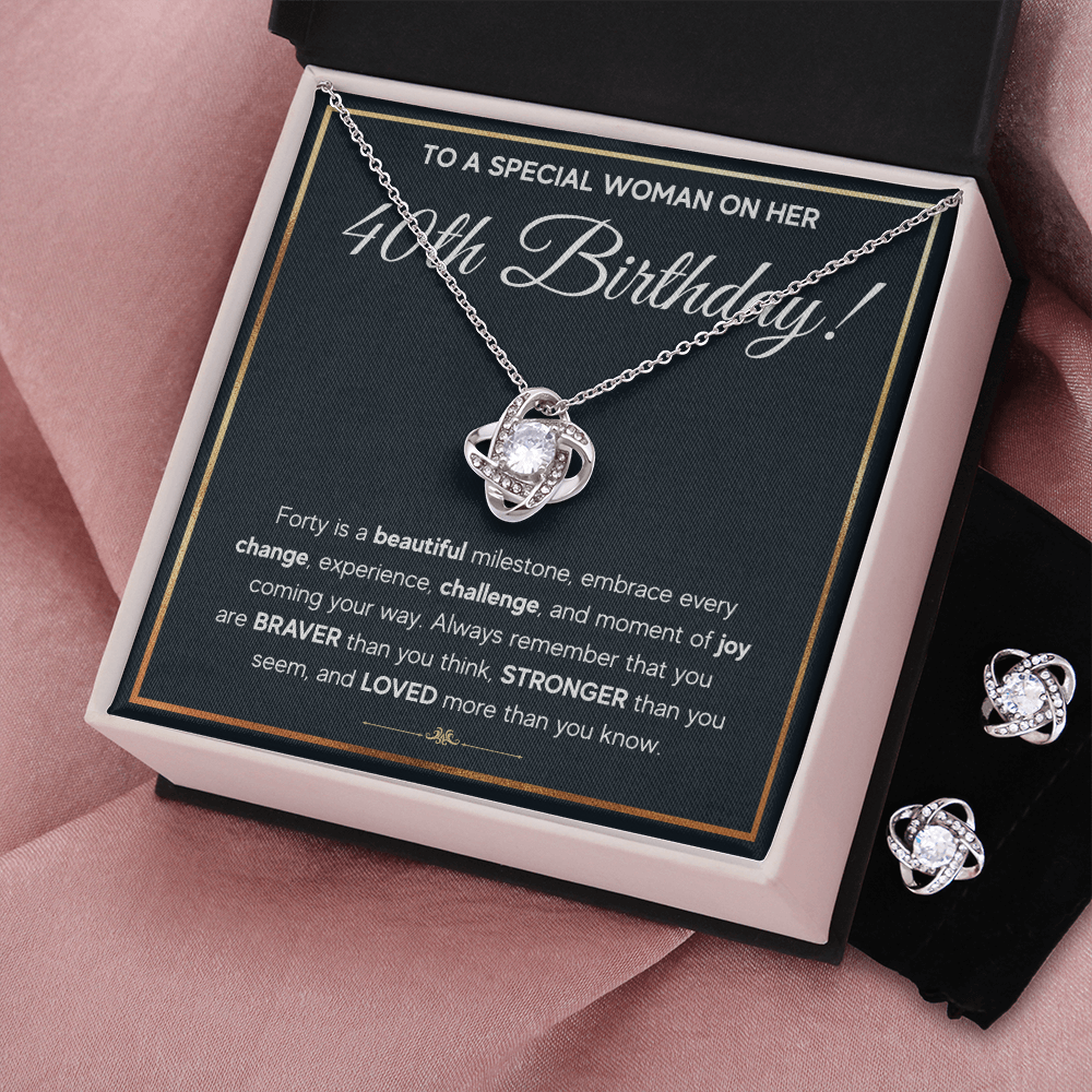 40TH BIRTHDAY MILESTONE LOVE KNOT NECKLACE AND EARRINGS SET