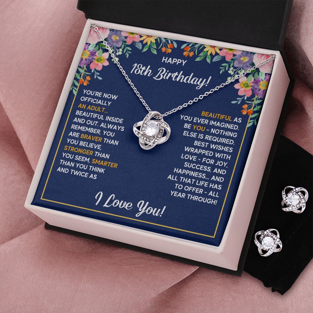 18TH BIRTHDAY WRAPPED LOVE KNOT NECKLACE AND EARRINGS SET