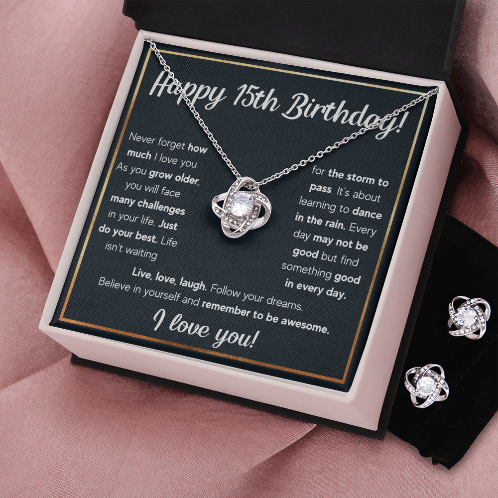 HAPPY 15TH BIRTHDAY RAIN LOVE KNOT NECKLACE AND EARRINGS SET