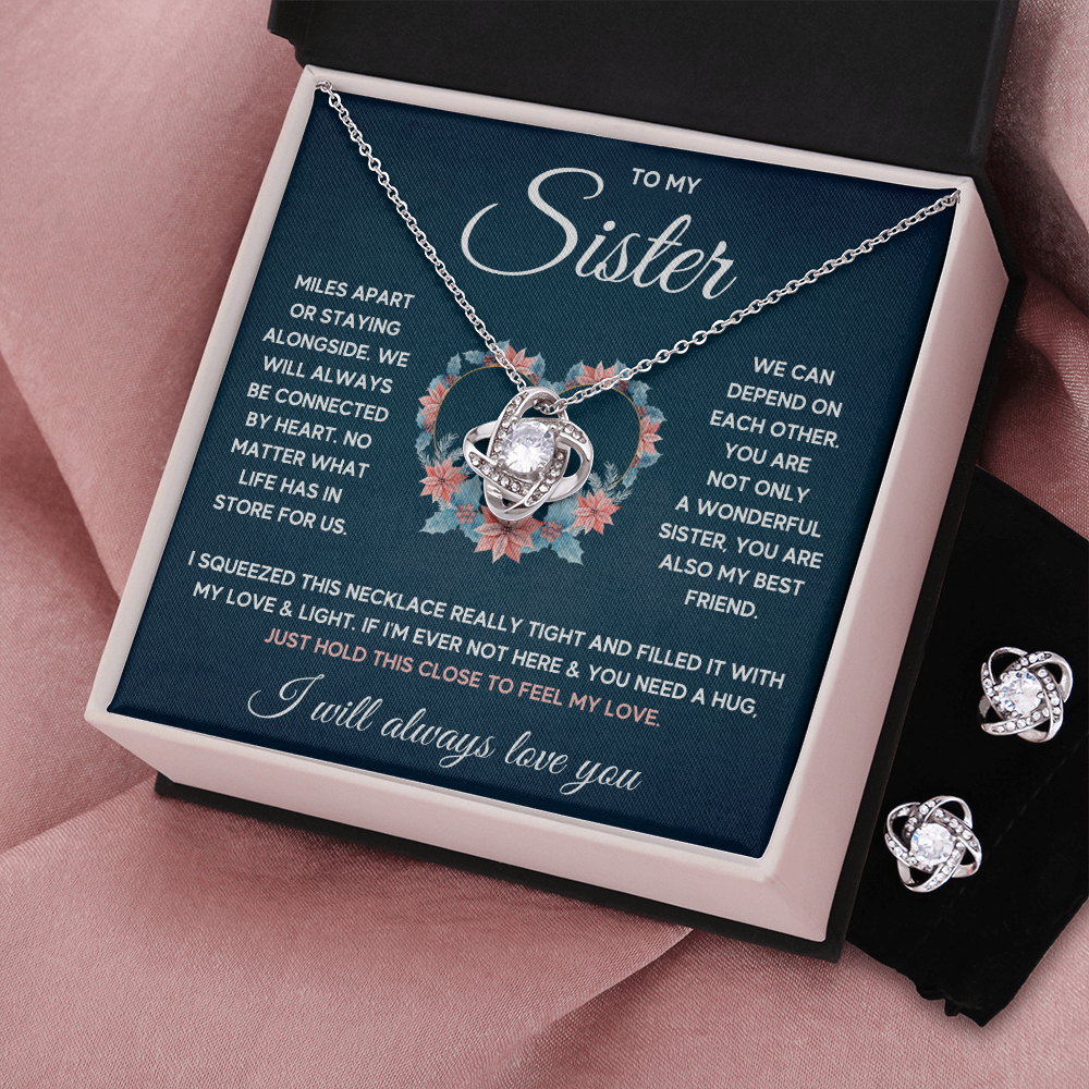 TO MY SISTER SQUEEZED LOVE KNOT NECKLACE AND EARRINGS SET