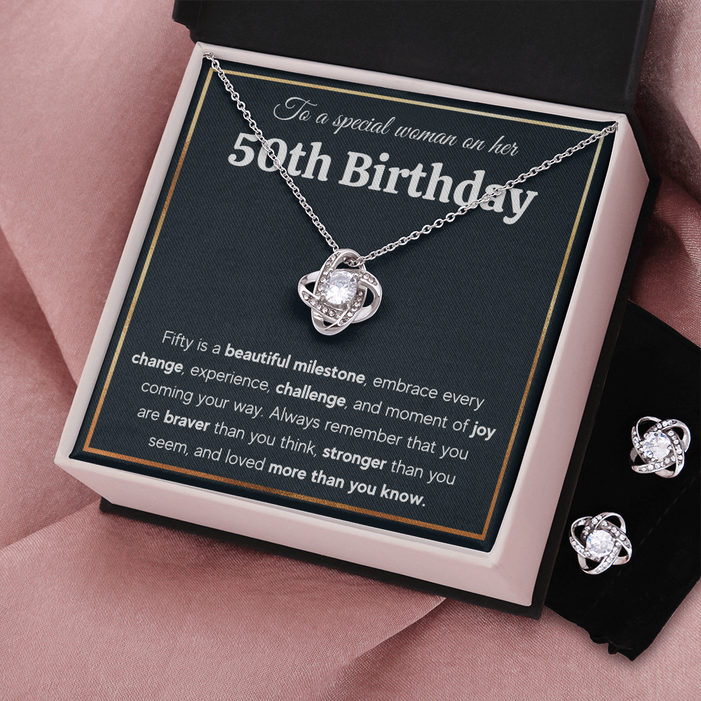 50TH BIRTHDAY MILESTONE LOVE KNOT NECKLACE AND EARRINGS SET